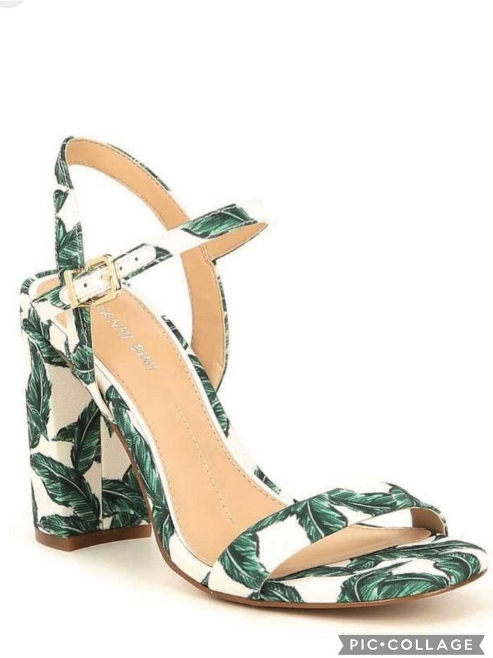 Gianna Bini McKaria Green Palm Leaf Block Heel Ankle Strap Sandals 9 Tropical